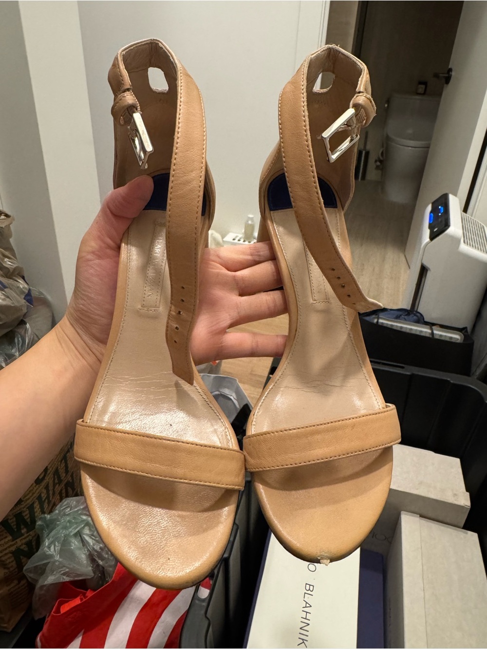 Stuart Weitzman Tan Leather Open-Toe Ankle Strap Heels